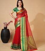 Red woven self design cotton silk kota doria saree with blouse