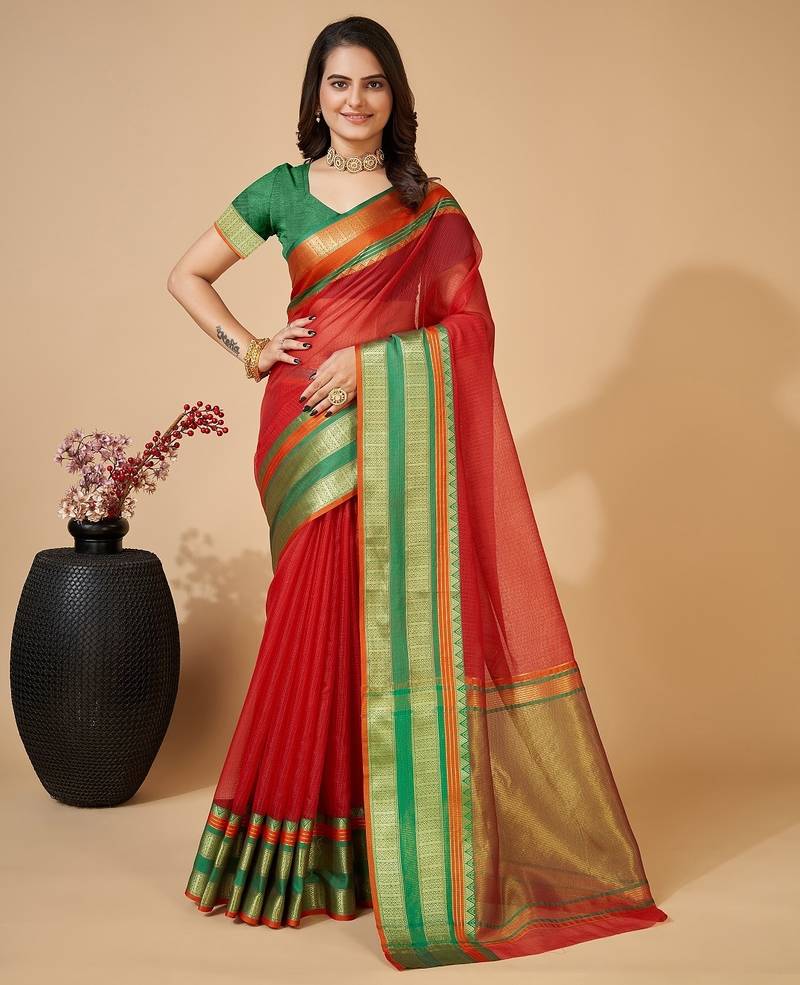 Red woven self design cotton silk kota doria saree with blouse