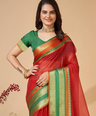 Red woven self design cotton silk kota doria saree with blouse 2