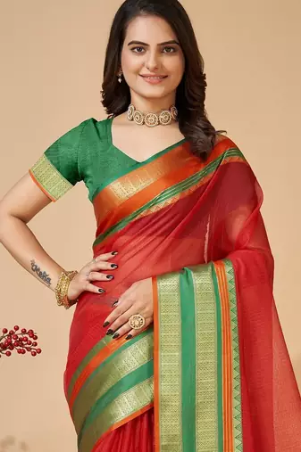 Red woven self design cotton silk kota doria saree with blouse