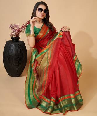 Red woven self design cotton silk kota doria saree with blouse 3