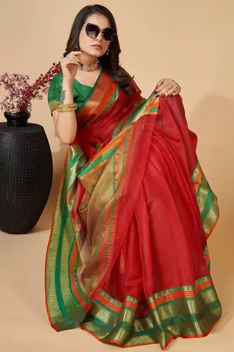 Red woven self design cotton silk kota doria saree with blouse