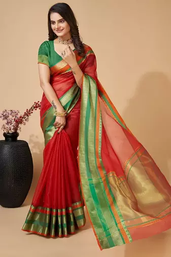 Red woven self design cotton silk kota doria saree with blouse