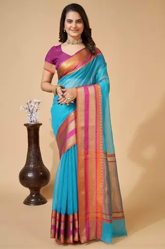 Sky blue woven self design cotton silk kota doria saree with blouse