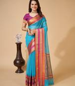 Sky blue woven self design cotton silk kota doria saree with blouse