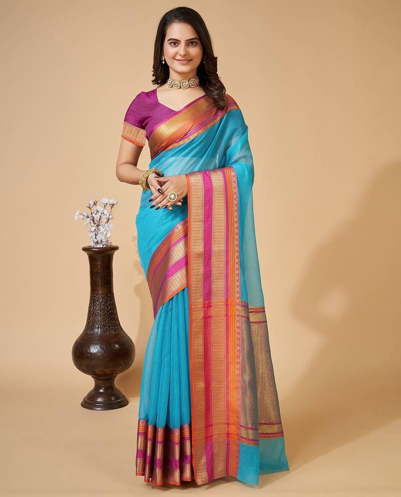 Sky blue woven self design cotton silk kota doria saree with blouse
