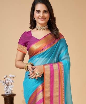 Sky blue woven self design cotton silk kota doria saree with blouse 2