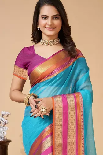 Sky blue woven self design cotton silk kota doria saree with blouse