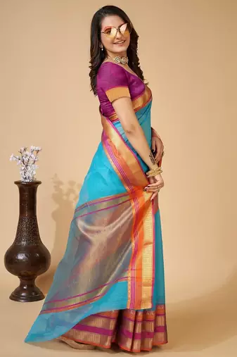 Sky blue woven self design cotton silk kota doria saree with blouse
