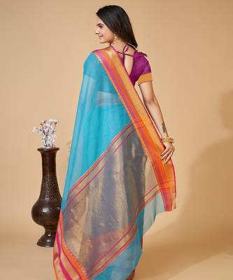 Sky blue woven self design cotton silk kota doria saree with blouse 4
