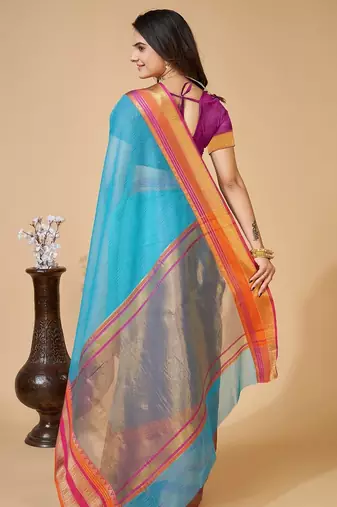 Sky blue woven self design cotton silk kota doria saree with blouse