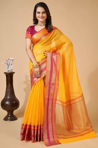 Yellow woven self design cotton silk kota doria saree with blouse