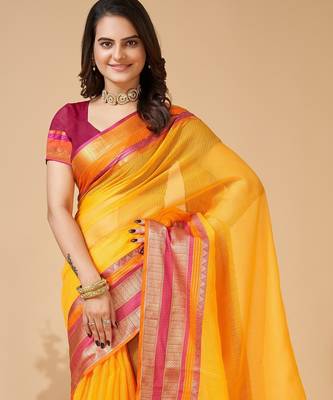 Yellow woven self design cotton silk kota doria saree with blouse 2