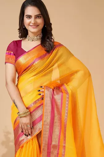 Yellow woven self design cotton silk kota doria saree with blouse