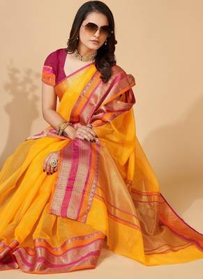 Yellow woven self design cotton silk kota doria saree with blouse 3