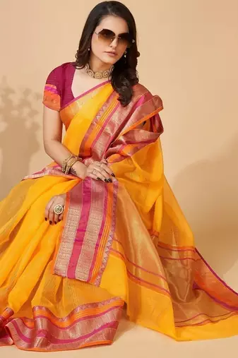 Yellow woven self design cotton silk kota doria saree with blouse