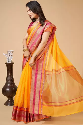 Yellow woven self design cotton silk kota doria saree with blouse