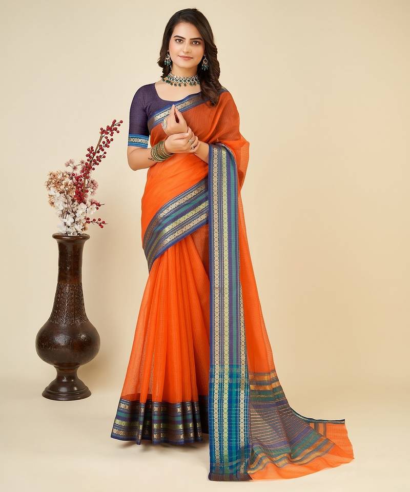 Dark orange woven self design cotton silk kota doria saree with blouse