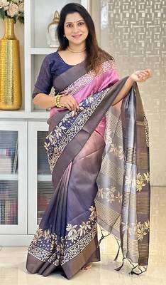 pink soft tussar silk digital floral printed saree with tassel pallu 1