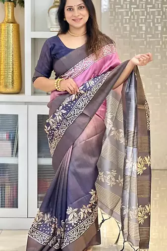 Soft tussar silk sarees with beautiful digital print with tassels