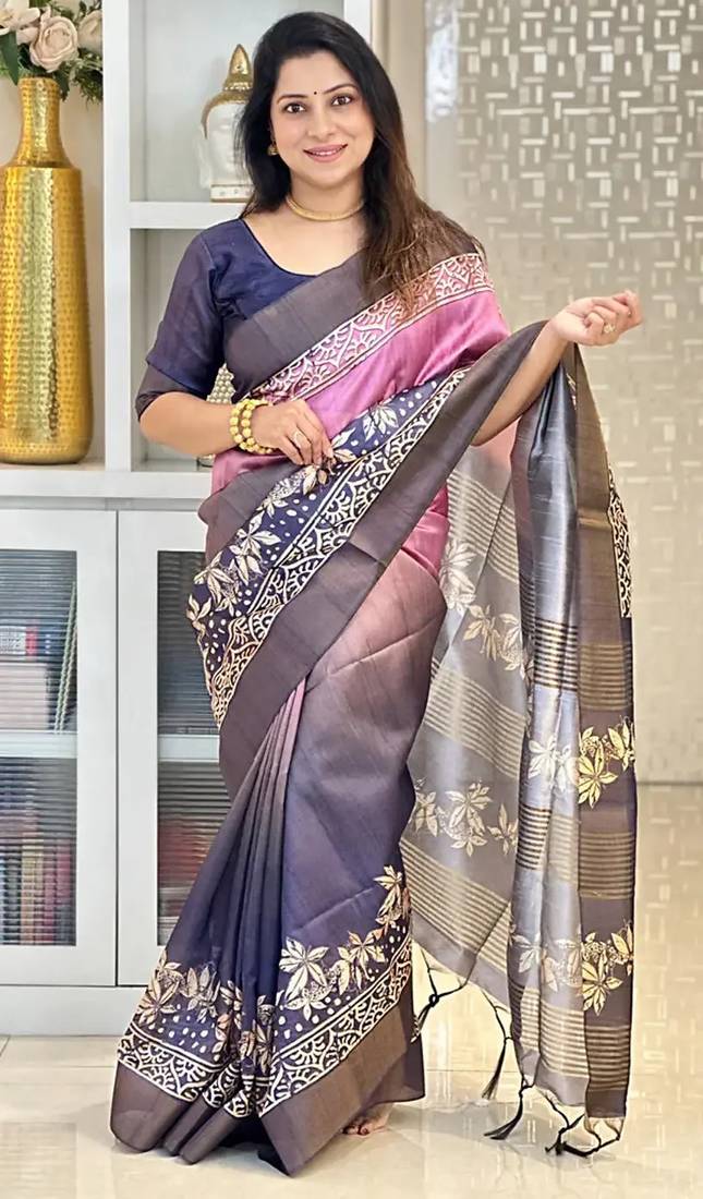Soft tussar silk sarees with beautiful digital print with tassels