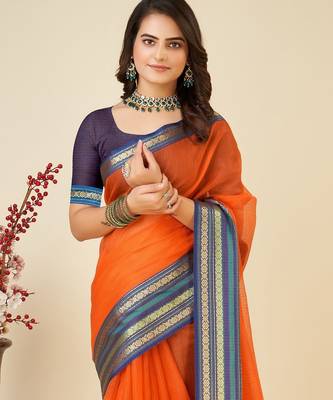Dark orange woven self design cotton silk kota doria saree with blouse 2