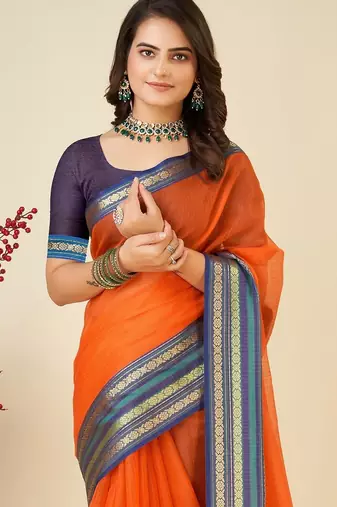 Dark orange woven self design cotton silk kota doria saree with blouse