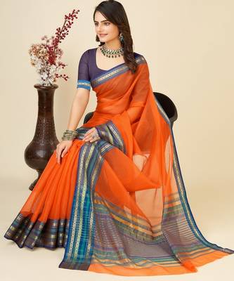 Dark orange woven self design cotton silk kota doria saree with blouse 3