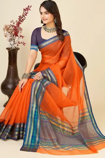 Dark orange woven self design cotton silk kota doria saree with blouse