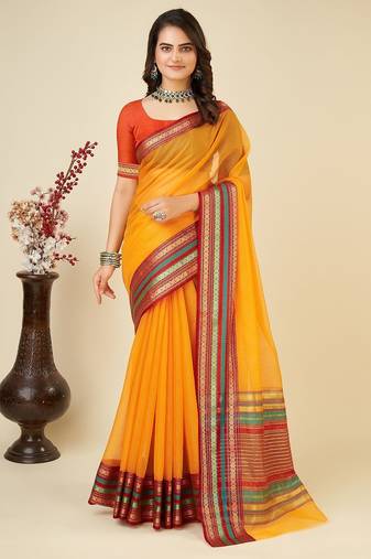 Light orange woven self design cotton silk kota doria saree with blouse