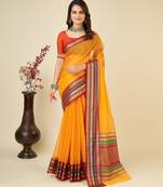 Light orange woven self design cotton silk kota doria saree with blouse