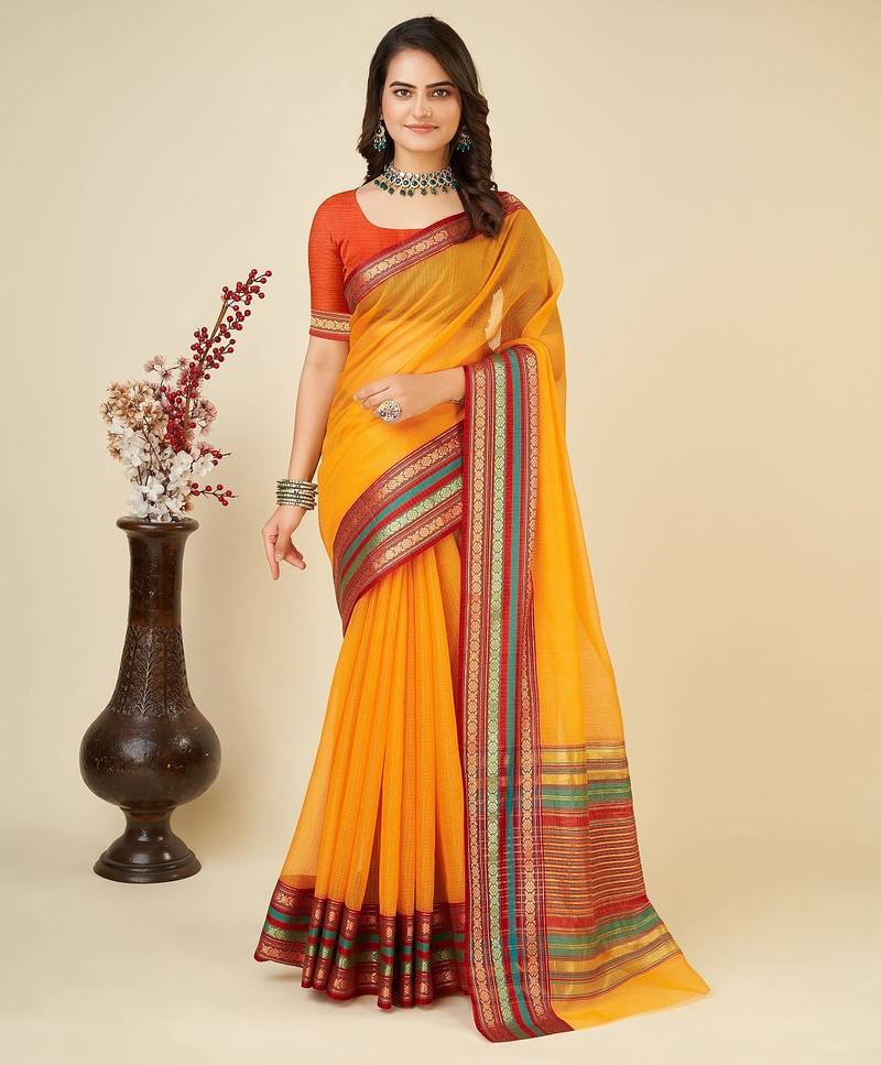 Light orange woven self design cotton silk kota doria saree with blouse