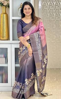 pink soft tussar silk digital floral printed saree with tassel pallu 2