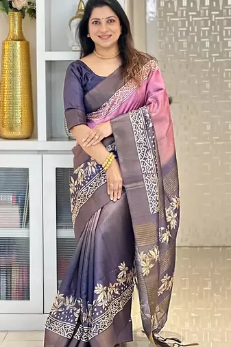 pink soft tussar silk digital floral printed saree with tassel pallu