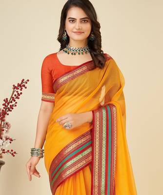 Light orange woven self design cotton silk kota doria saree with blouse 2
