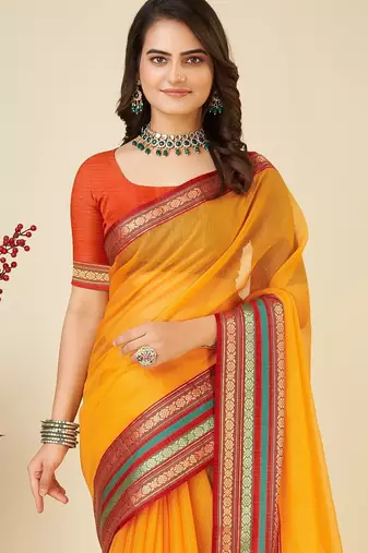 Light orange woven self design cotton silk kota doria saree with blouse