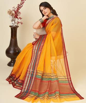 Light orange woven self design cotton silk kota doria saree with blouse 3