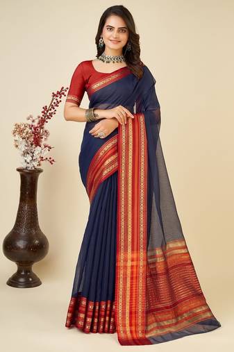 Navy blue woven self design cotton silk kota doria saree with blouse
