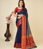 Navy blue woven self design cotton silk kota doria saree with blouse