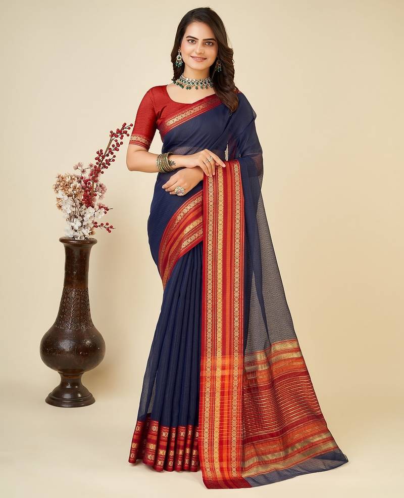 Navy blue woven self design cotton silk kota doria saree with blouse