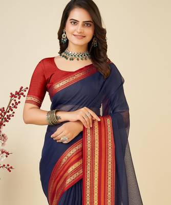 Navy blue woven self design cotton silk kota doria saree with blouse 2