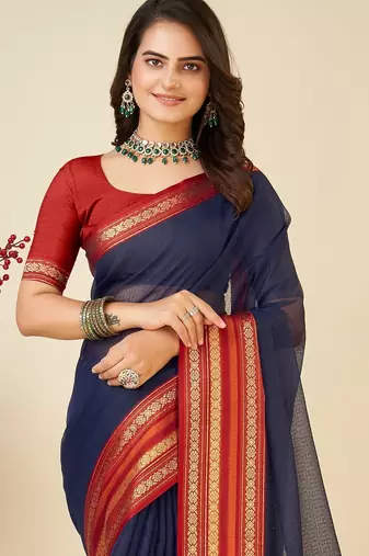 Navy blue woven self design cotton silk kota doria saree with blouse