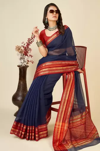 Navy blue woven self design cotton silk kota doria saree with blouse