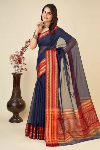 Navy blue woven self design cotton silk kota doria saree with blouse