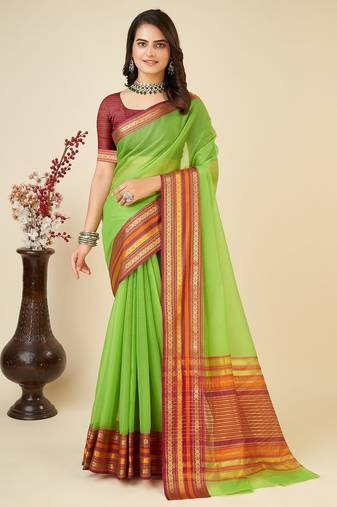 Parrot green woven self design cotton silk kota doria saree with blouse