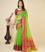 Parrot green woven self design cotton silk kota doria saree with blouse