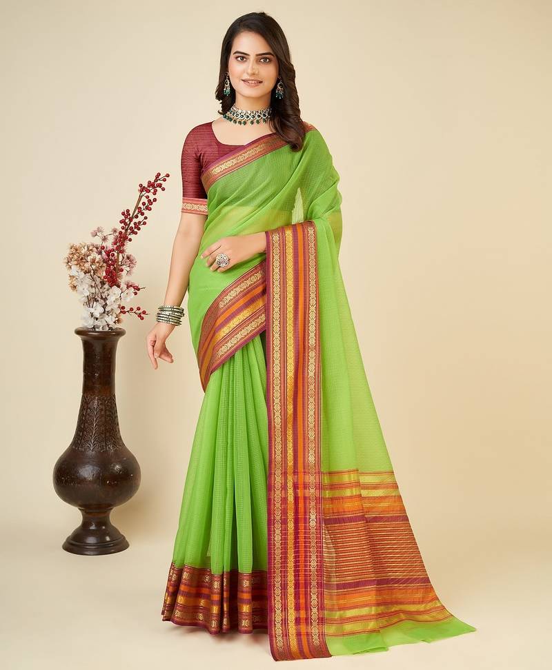 Parrot green woven self design cotton silk kota doria saree with blouse