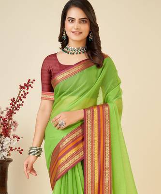 Parrot green woven self design cotton silk kota doria saree with blouse 2