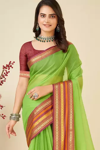 Parrot green woven self design cotton silk kota doria saree with blouse