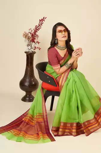 Parrot green woven self design cotton silk kota doria saree with blouse